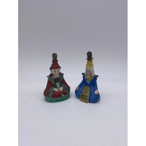 752 - PAIR OF CONTINENTAL SEATED MANDARIN FIGURE SCENT PHIALS 9cm