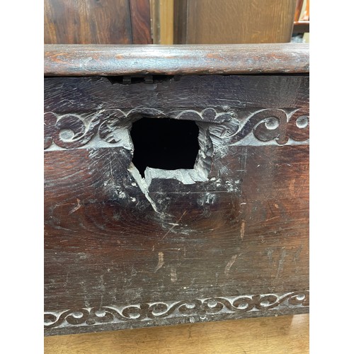 79 - 17TH CENTURY OAK SIX PLANK CHEST WITH CHIP CARVED AND GUILLOCHE DECORATION