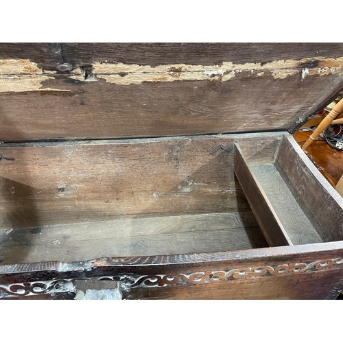 79 - 17TH CENTURY OAK SIX PLANK CHEST WITH CHIP CARVED AND GUILLOCHE DECORATION