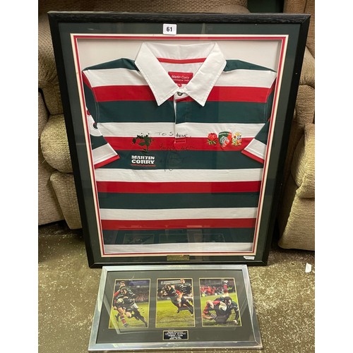 61 - LEICESTER RFC RUGBY SHIRT FRAMED AND GLAZED WITH INSCRIPTION FOR MARTIN CORRY AND A TRIPTYCH COLLAGE