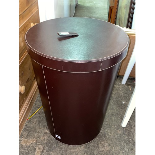 76 - BROWN STITCHED LEATHER EFFECT TAPERED LINEN BIN