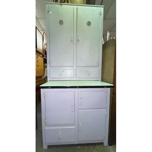 62 - EARLY 20TH CENTURY PAINTED PANTRY CUPBOARD WITH ENAMEL PULL OUT SLIDE