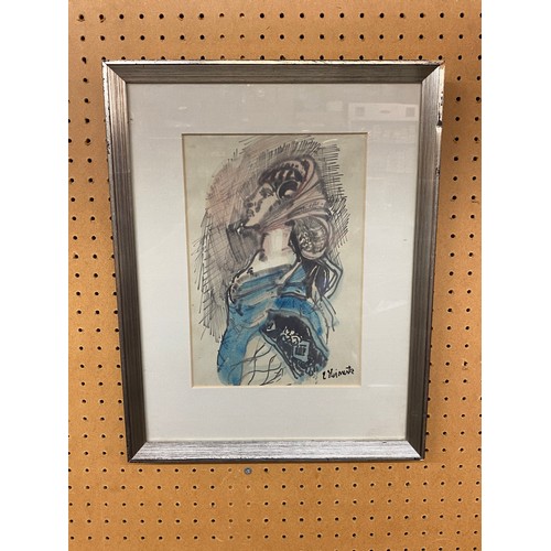 554 - 20TH CENTURY WATER COLOUR ON PAPER SIDE PROFILE OF A FEMALE WEARING A SCARF SIGNED E HEIMTS? AND A W... 