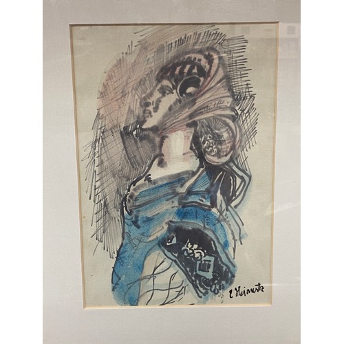 554 - 20TH CENTURY WATER COLOUR ON PAPER SIDE PROFILE OF A FEMALE WEARING A SCARF SIGNED E HEIMTS? AND A W... 