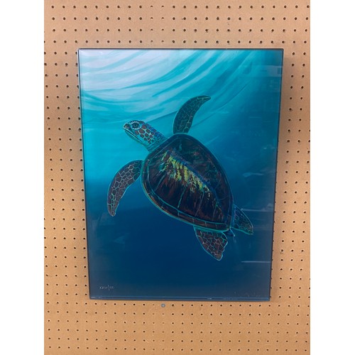 551 - ART BY WYLAND ENTITLED SEA TURTLE PRINT IN LUCITE SIGNED IN SILVER PEN 34CM X 46CM APPROX