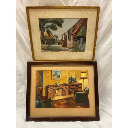 543 - UNTITLED MID 20TH CENTURY ENGLISH SCHOOL OILS ON BOARD ROOM INTERIOR SCENE AND UNTITLED WATER COLOUR... 