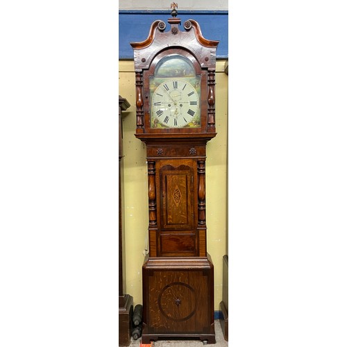 161 - 19TH CENTURY EIGHT DAY LONG CASE CLOCK WITH A PAINTED ARCHED ENAMEL DIAL DEPICTING HUNTSMAN GAME AND... 