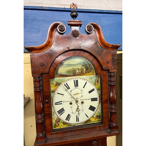 161 - 19TH CENTURY EIGHT DAY LONG CASE CLOCK WITH A PAINTED ARCHED ENAMEL DIAL DEPICTING HUNTSMAN GAME AND... 