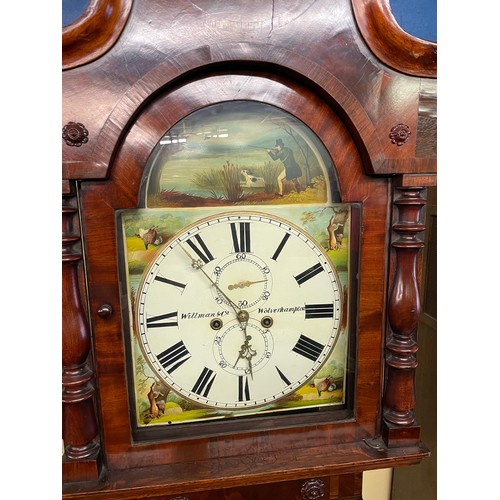 161 - 19TH CENTURY EIGHT DAY LONG CASE CLOCK WITH A PAINTED ARCHED ENAMEL DIAL DEPICTING HUNTSMAN GAME AND... 