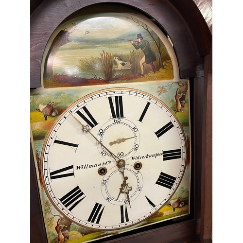 161 - 19TH CENTURY EIGHT DAY LONG CASE CLOCK WITH A PAINTED ARCHED ENAMEL DIAL DEPICTING HUNTSMAN GAME AND... 