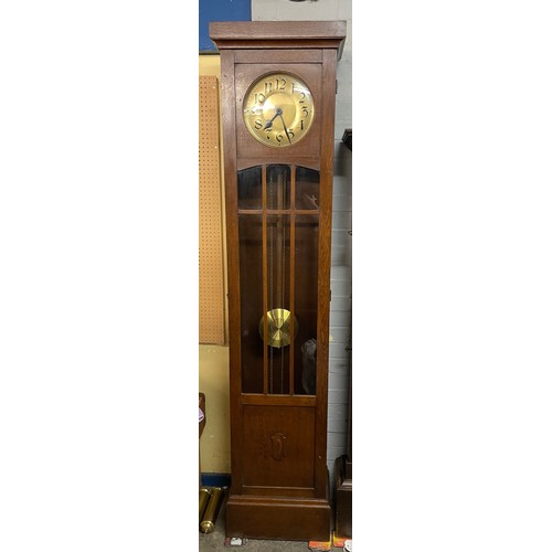 164 - 20TH CENTURY OAK LONG CASE CLOCK WITH TWIN WEIGHTS AND PENDULUM