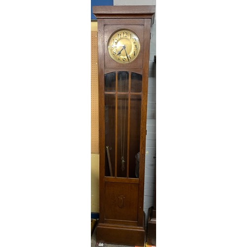 164 - 20TH CENTURY OAK LONG CASE CLOCK WITH TWIN WEIGHTS AND PENDULUM