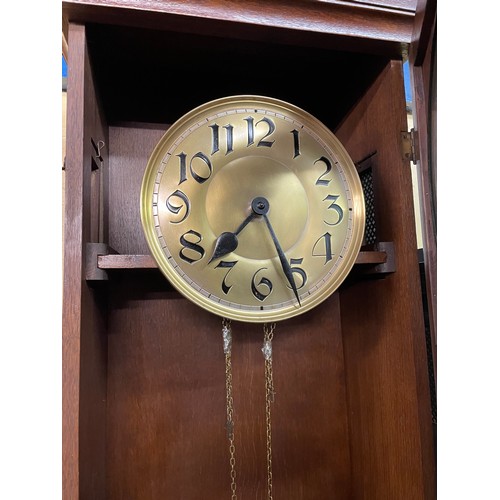 164 - 20TH CENTURY OAK LONG CASE CLOCK WITH TWIN WEIGHTS AND PENDULUM