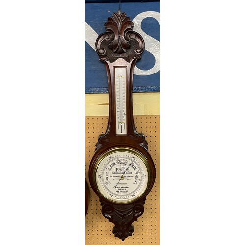 165 - CARVED CASED ANEROID BAROMETER THE DIAL WITH COMPLIMENTS FROM HARRY HALL TAILOR AND HABIT MAKER LOND... 