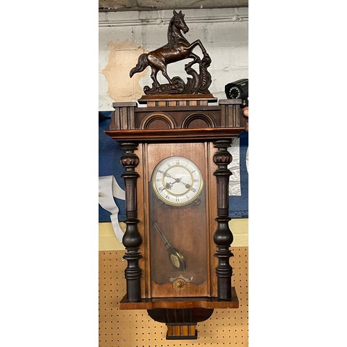 167 - 19TH CENTURY WALNUT CASED PENDULUM WALL CLOCK WITH ANIMAL CRESTING A/F