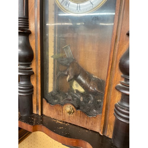 167 - 19TH CENTURY WALNUT CASED PENDULUM WALL CLOCK WITH ANIMAL CRESTING A/F