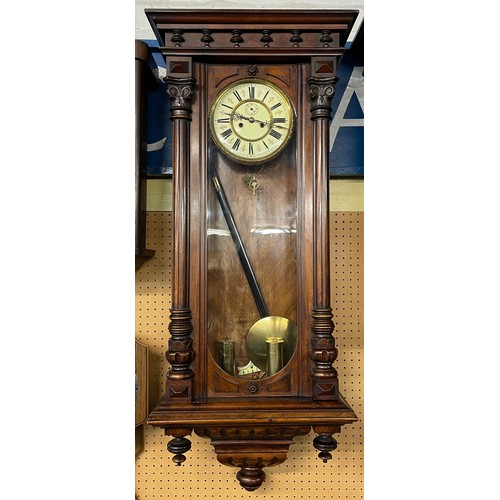 168 - 19TH CENTURY WALNUT CASED VIENNA STYLE WALL CLOCK WITH FLUTED CORINTHIAN COLUMNS ON CASE