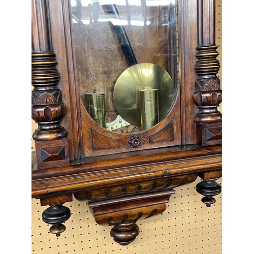 168 - 19TH CENTURY WALNUT CASED VIENNA STYLE WALL CLOCK WITH FLUTED CORINTHIAN COLUMNS ON CASE