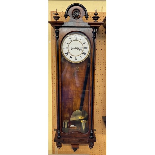 170 - 19TH CENTURY WALNUT CASED TWIN WEIGHT VIENNA STYLE PENDULUM WALL CLOCK