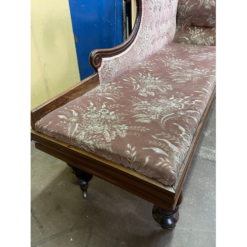 33 - VICTORIAN MAHOGANY UPHOLSTERED SCROLL BACK CHAISE LOUNGE