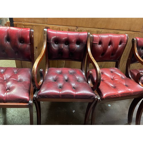 200 - SET OF FOUR RED LEATHER BUTTON BACKED REGENCY STYLE SABRE LEG CHAIRS A/F