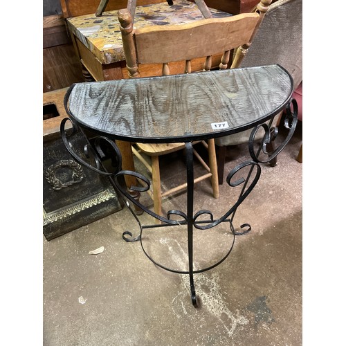 177 - WROUGHT IRON FROSTED GLASS DEMI LUNE TABLE