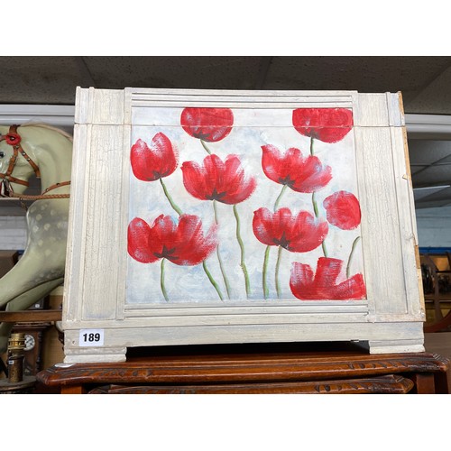 189 - WOODEN POPPY STENCILLED DECORATED STORAGE BOX