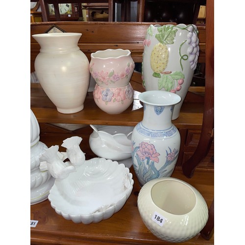 184 - POTTERY OVOID AND BALUSTER VASES, FLORAL DECORATED PLANTERS, AND DOVE PLANTER