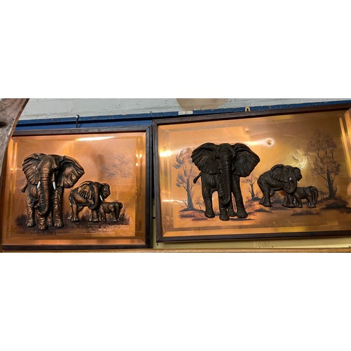 207 - LAQUERED AND COPPER ALLOY BAS RELIEF PICTURES OF ELEPHANTS