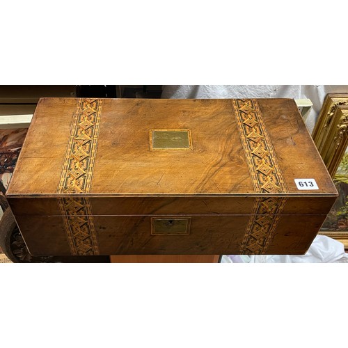 613 - VICTORIAN WALNUT TUNBRIDGE BANDED WRITING BOX CONTAINING HABERDASHERY