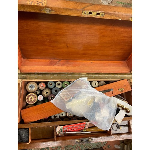 613 - VICTORIAN WALNUT TUNBRIDGE BANDED WRITING BOX CONTAINING HABERDASHERY