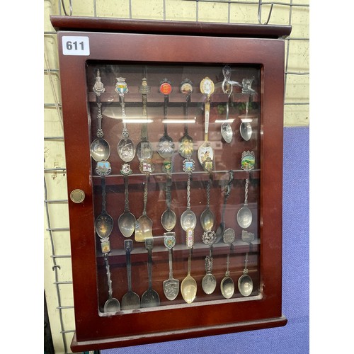 611 - WALL MOUNTED DISPLAY CASE OF TOPOGRAPHICAL TRINKET TEASPOONS
