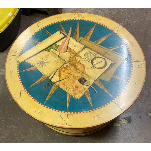 124 - PAINTED GLASS TOP COMPASS COFFEE TABLE