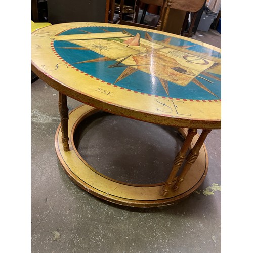 124 - PAINTED GLASS TOP COMPASS COFFEE TABLE