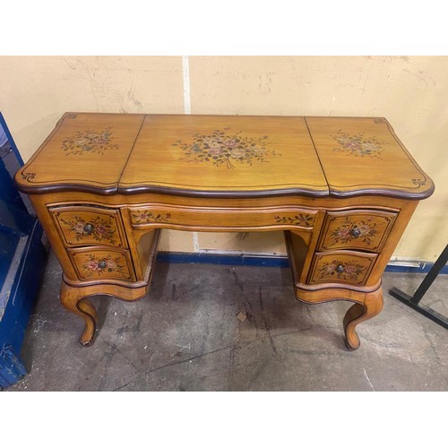 126 - PAINTED STENCILLED KNEE HOLE DRESSING TABLE WITH JEWELLERY COMPARTMENTS AND MATCHING STOOL