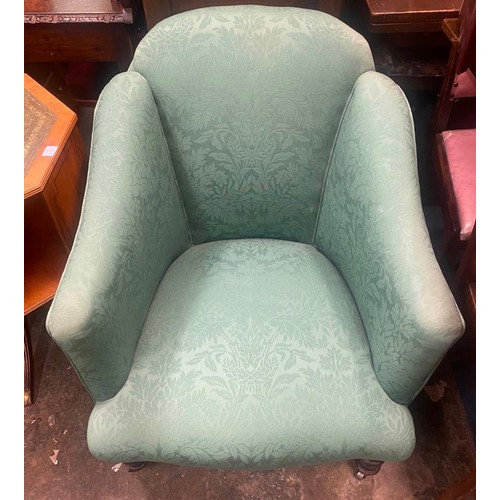 67 - VICTORIAN GREEN BROCADE PATTERN UPHOLSTERED GENTLEMANS CHAIR