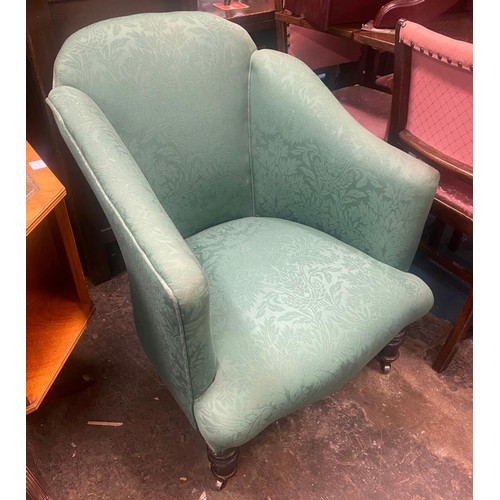 67 - VICTORIAN GREEN BROCADE PATTERN UPHOLSTERED GENTLEMANS CHAIR