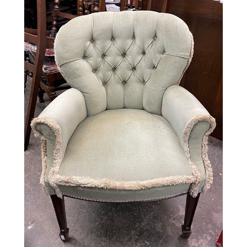 68 - REPRODUCTION GREEN UPHOLSTERED FAN BACK ARMCHAIR