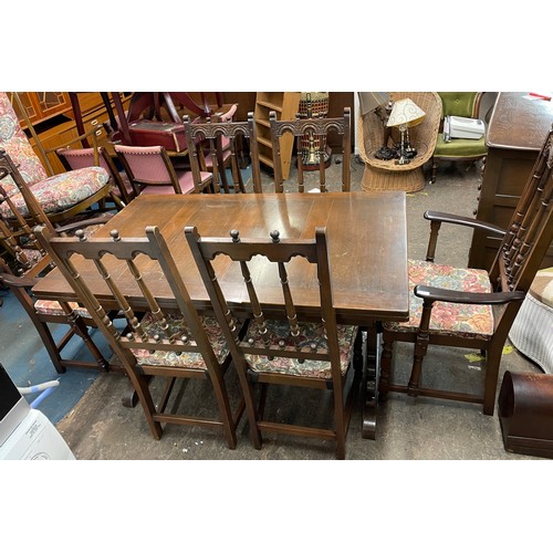 88 - ERCOL DRAWER LEAF REFECTORY TABLE AND SIX HIGH BACK CHAIRS