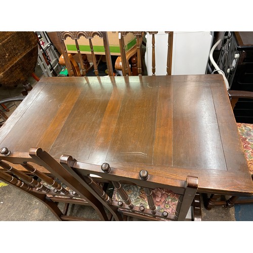 88 - ERCOL DRAWER LEAF REFECTORY TABLE AND SIX HIGH BACK CHAIRS