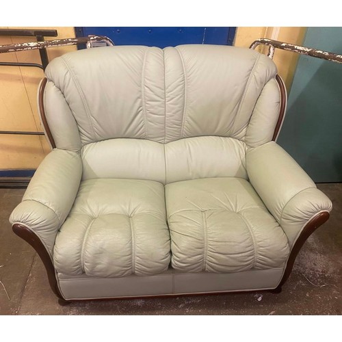 79 - MINT GREEN LEATHER SHOW WOOD FRAME THREE SEATER AND TWO SEATER SOFAS