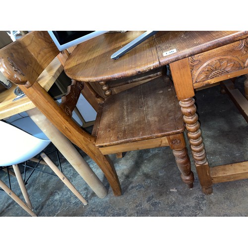 136 - PINE DROP FLAP BOBBIN REEL TABLE AND FOUR BAR BACK PINE CHAIRS