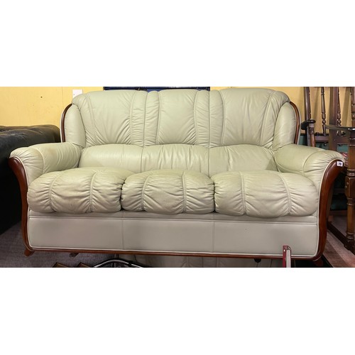 79 - MINT GREEN LEATHER SHOW WOOD FRAME THREE SEATER AND TWO SEATER SOFAS