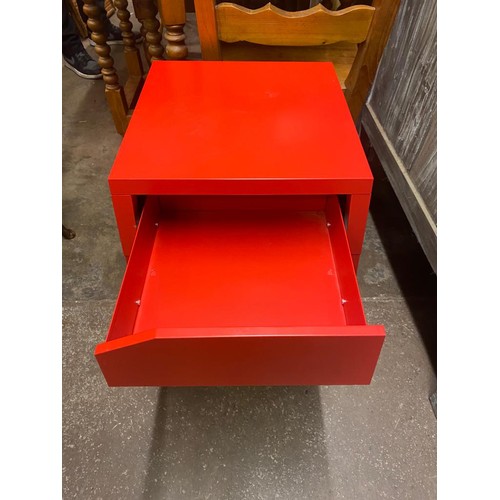 115 - RED METAL SIDE TABLE WITH DRAWER