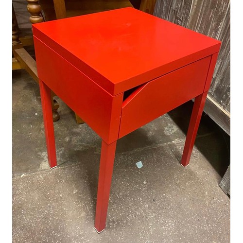 115 - RED METAL SIDE TABLE WITH DRAWER