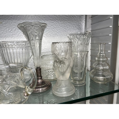 301 - SHELF OF CUT AND ETCHED VASES, JUGS, AND TRUMPET VASE