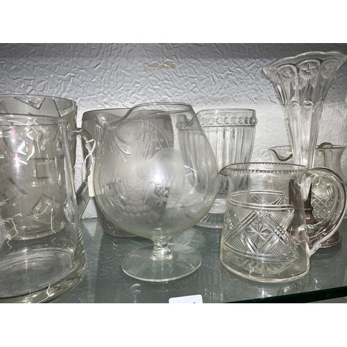 301 - SHELF OF CUT AND ETCHED VASES, JUGS, AND TRUMPET VASE