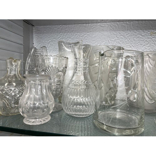 301 - SHELF OF CUT AND ETCHED VASES, JUGS, AND TRUMPET VASE