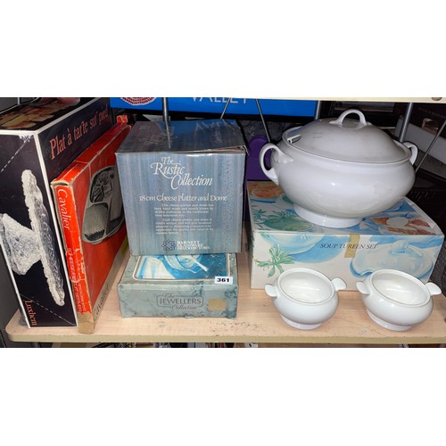 361 - BOXED FOOTED CAKE PLATTER, CHEESE PLATTER AND DOME, SOUP TUREEN SET