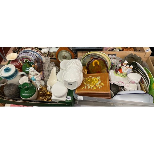 363 - TWO CARTONS CONTAING KITCHEN STORAGE JARS, JEWELLERY BOX, SPODE AND OTHER LIMITED PLATES, AND YARDLE... 